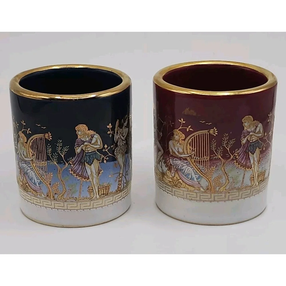 Vintage Greek Shot Glass Mythology Adis Artisan 24C Gold Detail Hand Crafted Art
